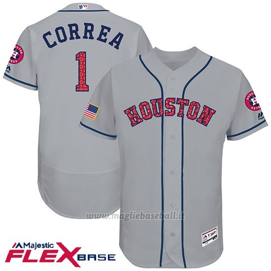 Maglia Baseball Uomo Houston Astros 2017 Estrellas y Rayas Carlos Correa Grigio Flex Base